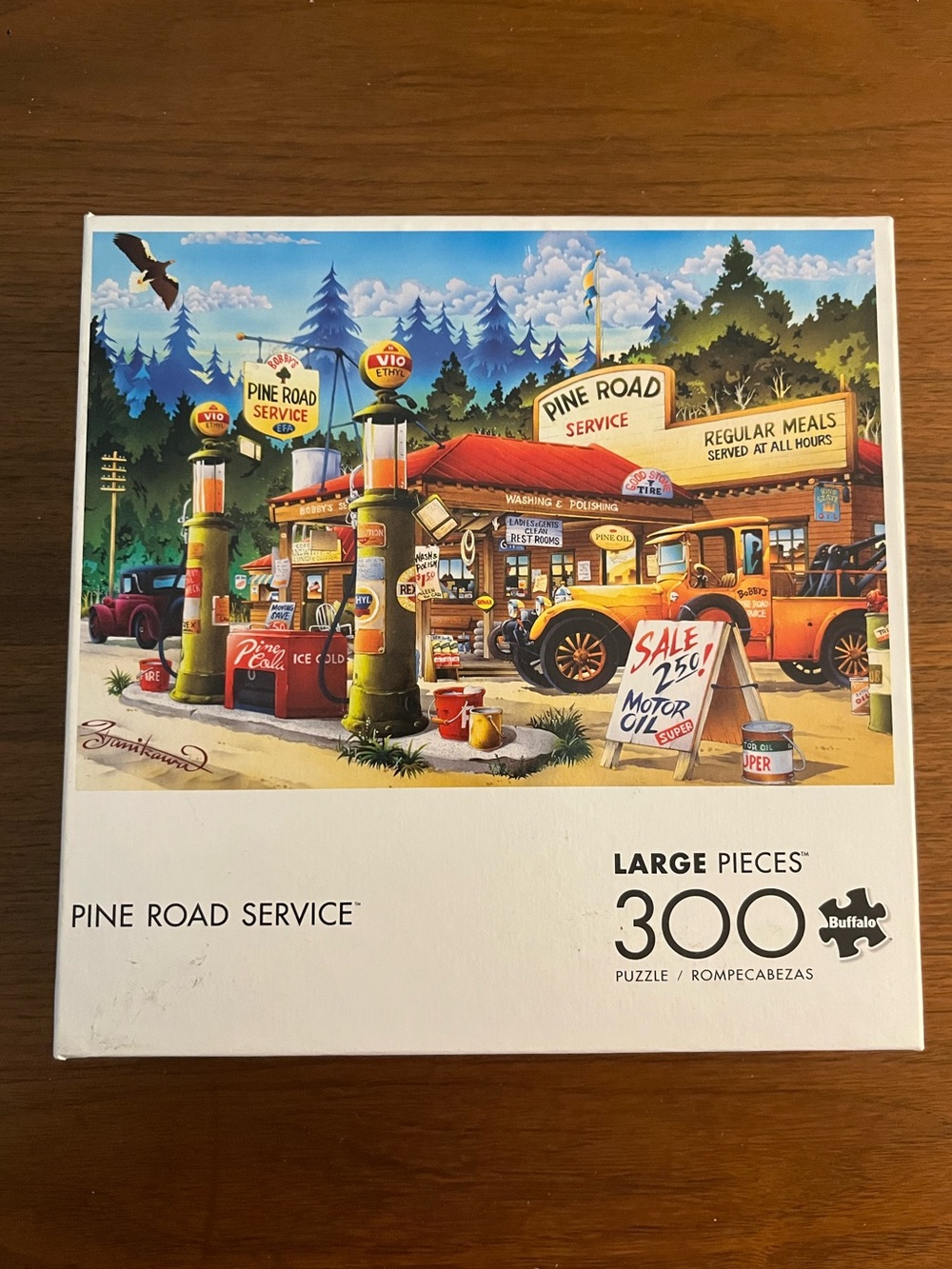 Buffalo Pine Road Service 300-Piece Jigsaw Puzzle - Colorful Vintage Gas Station